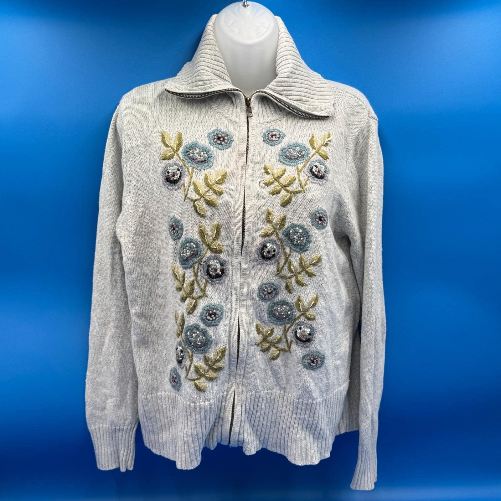 Vintage Tiara International Grandma Mom Floral Zip Up Cardigan Sweater Womens